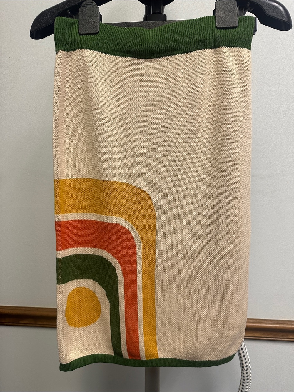 Retro Print Knit Midi Skirt and Knit Top in Cream and Green